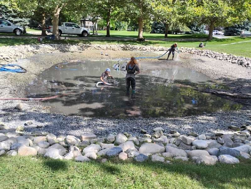 Utah Water Gardens crew removing sediment from a Provo pond