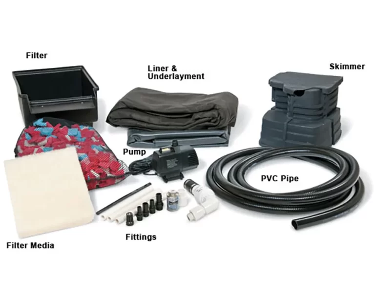 Pond equipment kit with a pump, filter, liner, skimmer, pipe and fittings