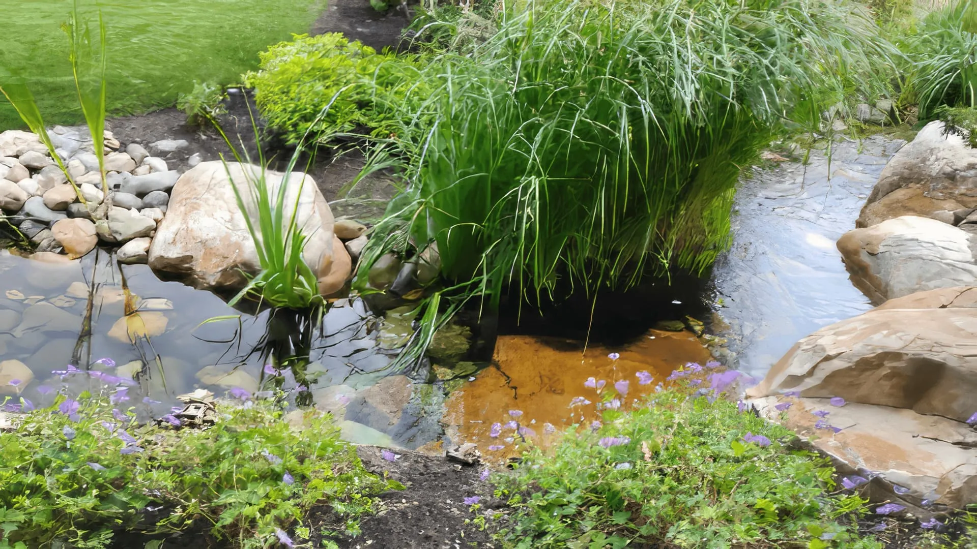 Maintained pond with healthy water and balanced plants
