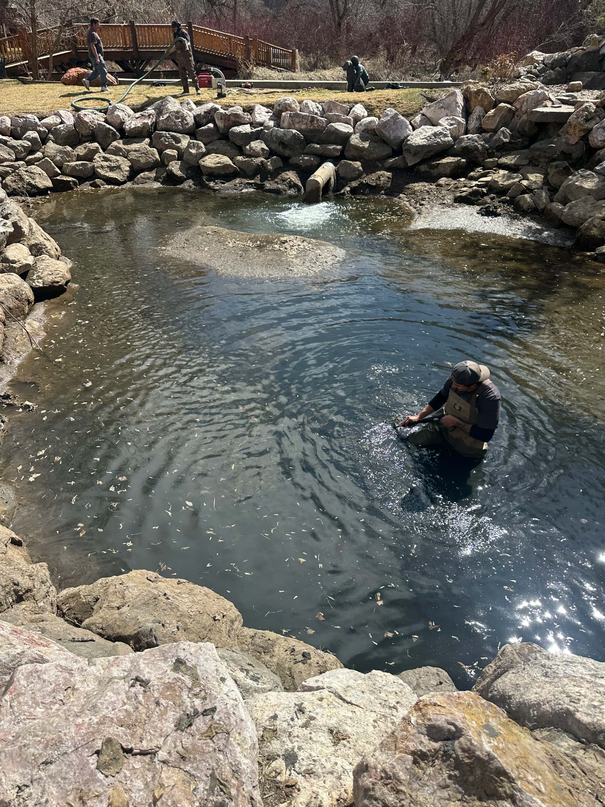 Pond vacuum service removing fine sediment and organic debris from pond bottom