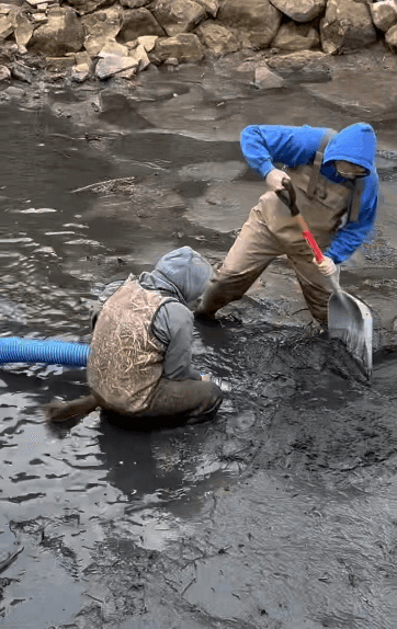 Pond vacuum deep cleaning detail showing sediment removal from pond bottom