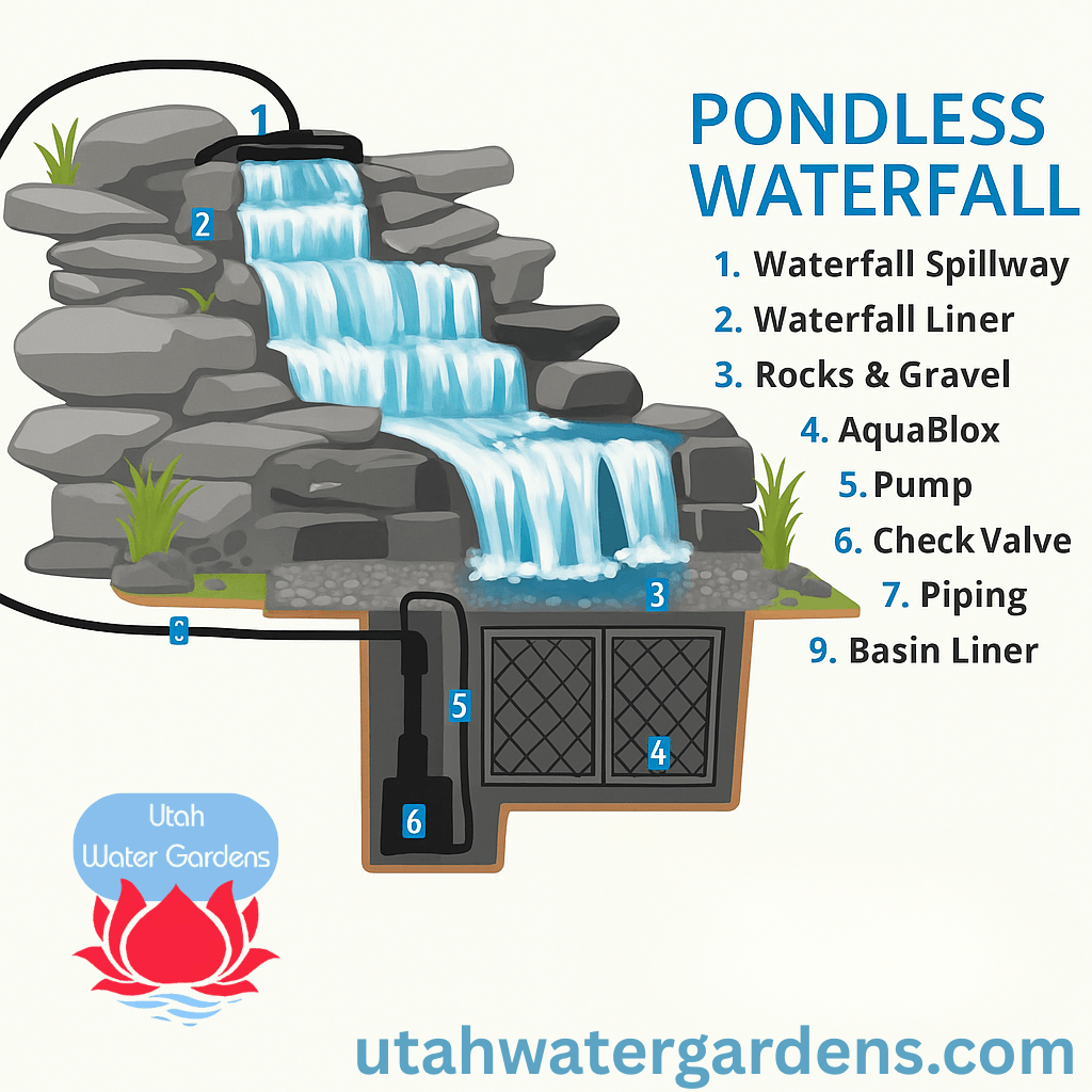 Pondless waterfall infographic showing design, installation, benefits, and maintenance information for pondless waterfall water features