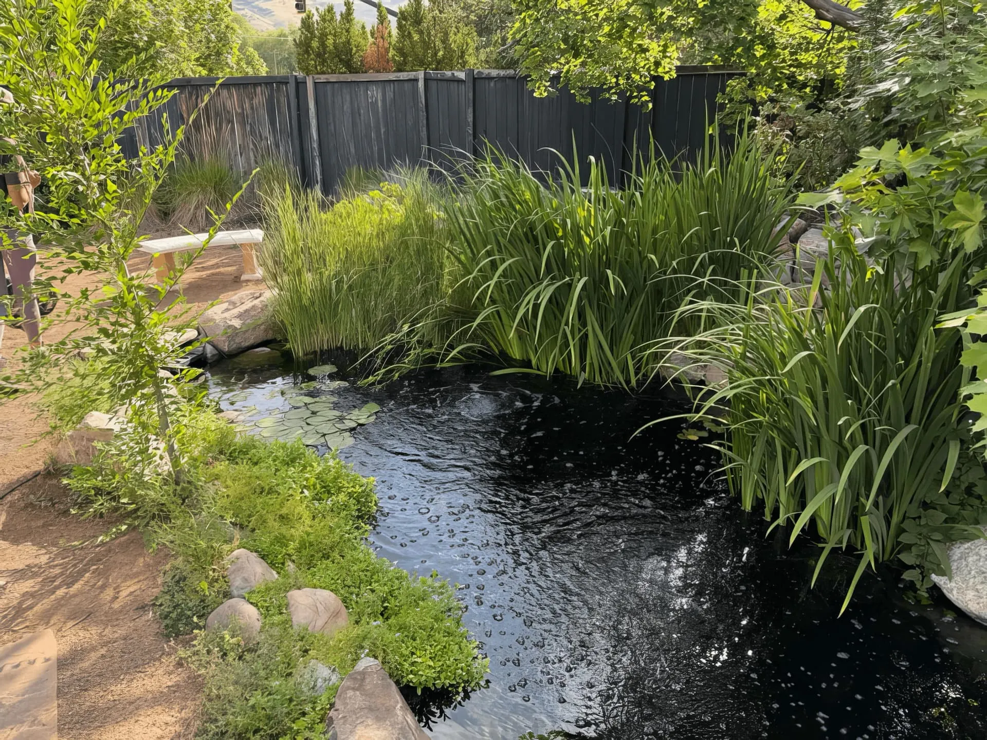 Stone-lined pond edge with snow in Park City backyard