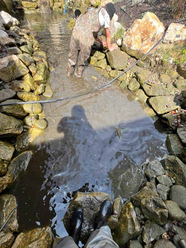 Crew cleaning a rock-lined stream at a Park City pond
